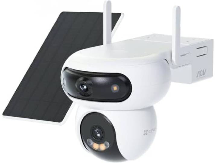 EZVIZ HB90x Caméra de sécurité extérieure intelligente\, double objectif 2K\, angle de 360°\, fonctionne avec batterie 10 400 mAh\, avec panneau solaire\, surveillance continue sans WiFi\, vision nocturne