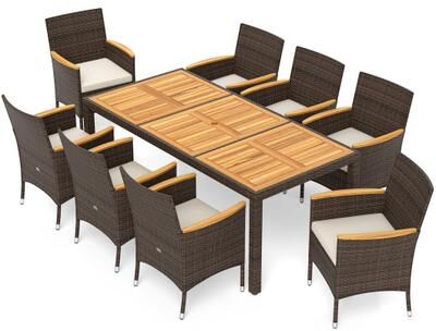 Costway 9 Piece Outdoor Dining Set with Acacia Wood Table Top-Beige