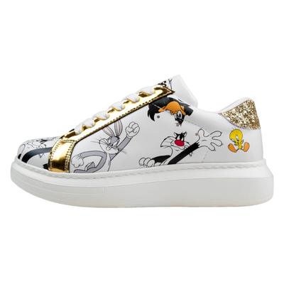 Sneaker DOGO "Verona Low-Top Sneaker Looney Tunes Chasing Tunes Damen Sneaker", Damen, Gr. 39, Normalschaft, weiß, Lederimitat, Schuhe Sneaker, Handgefertigt