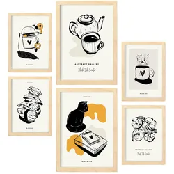 POSTER Set Mit 6 In Schwarzer Tinte Ruhetag Künstlerische Und Abstrakte Drucke Für Innenarchitektur A3 & A4 Rahmen Aus Hellem Holz