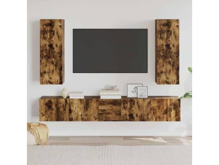 HEFZGDB 5-TLG. TV-Schrank-Set Räuchereiche Holzwerkstoff mit Wandmontage und viel Stauraum für Wohnzimmer