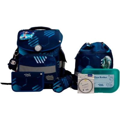 Schulranzen SCHOOL-MOOD "Timeless Pro", Kinder, Gr. B/H/T: 36cm x 42cm x 21cm, blau (jonas (fußball) mit moodie maxi mut), Polyester, Rucksäcke
