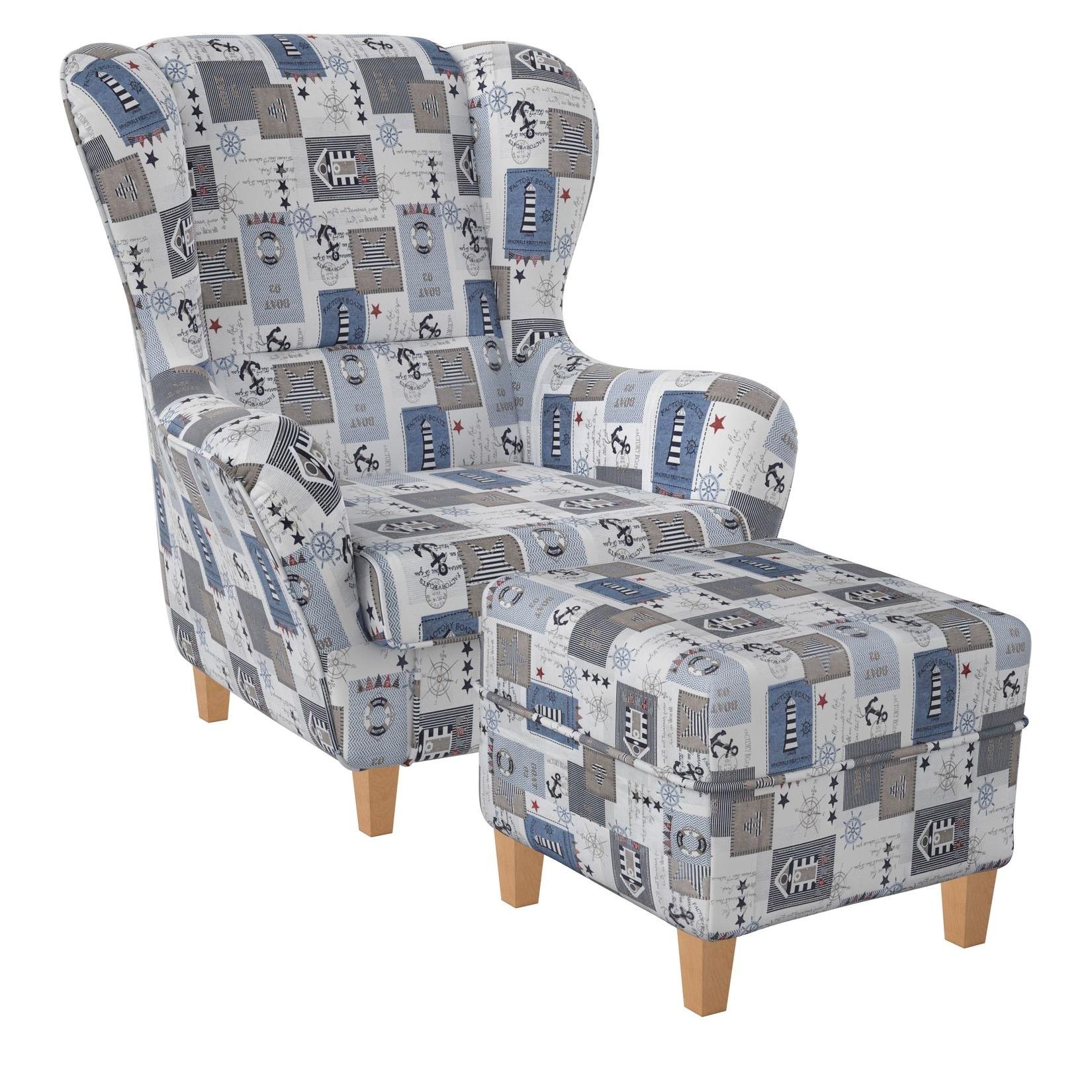 Supellex Sofia Ohrensessel mit Hocker Design Patchwork maritime Motive