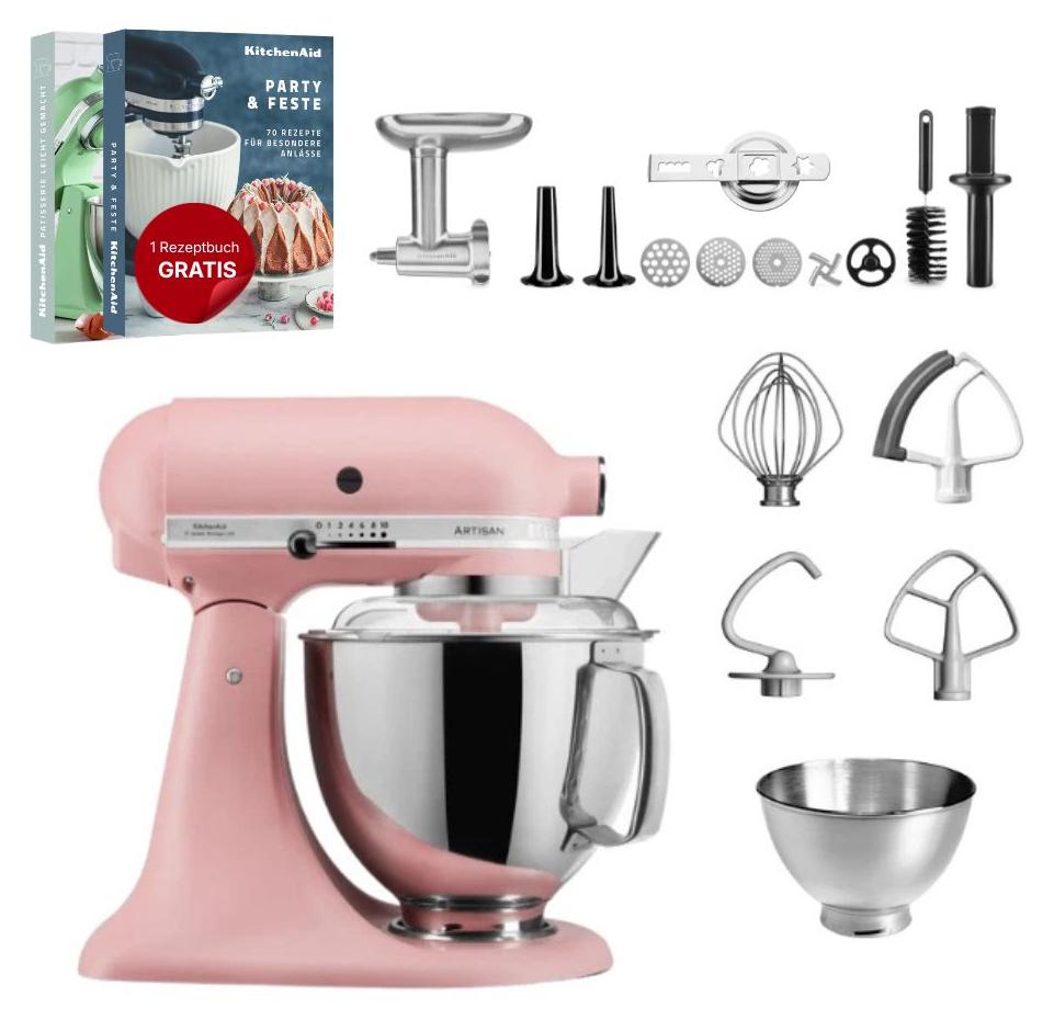 KitchenAid 4,8 L 5KSM175 Artisan Küchenmaschine Meatlover mit Ganzmetall- Fleischwolf Altrosa