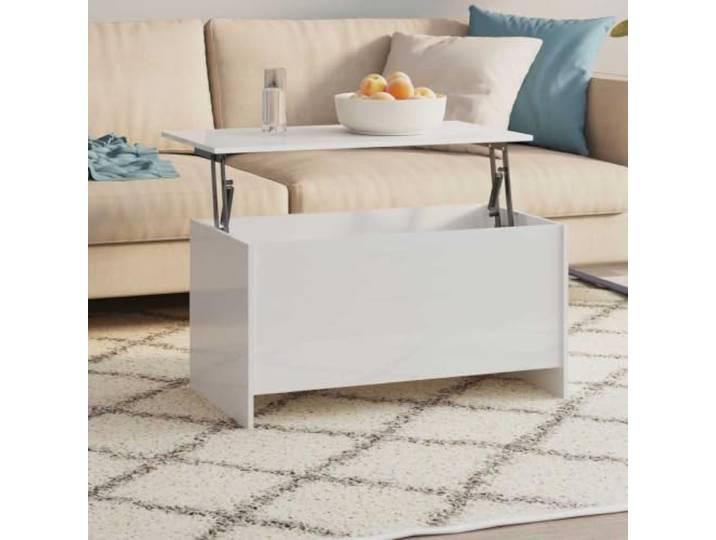 TEKGHUT Couchtisch Hochglanz-Weiß 102x55,5x52,5 cm Holzwerkstoff Höhenverstellbar, verstecktes Staufach, pflegeleichte Oberfläche, stabil, feuchtigkeitsbeständig, vielseitig nutzbar