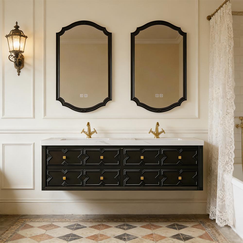 Wandhängendes Sinterstein Waschbecken Set, Badezimmer Waschtisch Set, Modernes Badmöbel Set, mit Armaturenloch Schwarz 130*55cm /SJBGH/