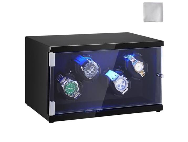 VEVOR Automatische horlogeopwinder voor 4 automatische horloges met 2 stille Japanse Mabuchi-motoren, 5 touwmodi op paneel met hoge dichtheid en blauwe acryl led