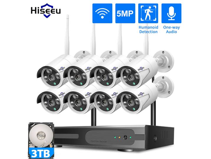 Système de sécurité CCTV WiFi Hiseeu 3/5/8MP, caméra de surveillance IR vision nocturne, ensemble de caméras bullet, système de surveillance CCTV sans fil 10CH NVR