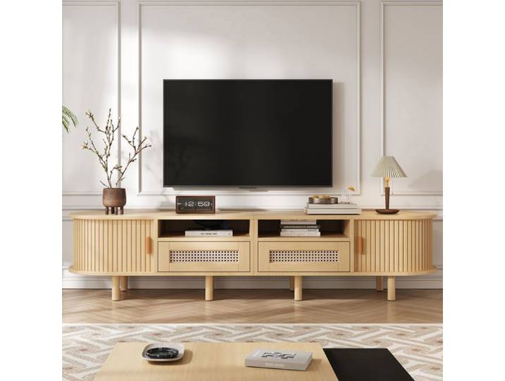 Merax Meuble TV Ovale - avec Portes Coulissantes - 2 Tiroirs - 170 x 40 x 40 cm - Bois Naturel - Banc TV