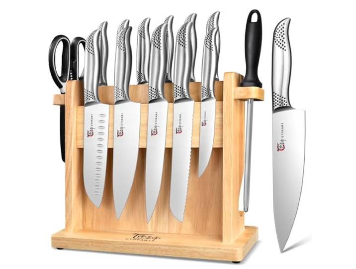 SYOKAMI 14-teilig Japanisches Küchenmesser Set, magnetisches Messer Set Messer Set, torii-förmigem Magnetblock mit Schärfer Edelstahl-Messerset, Black Dot, Idealgeschenk