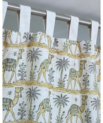Fabdivine Heavy Viscose Linen Camel Print Curtain, Boho Luxury Window Drapes