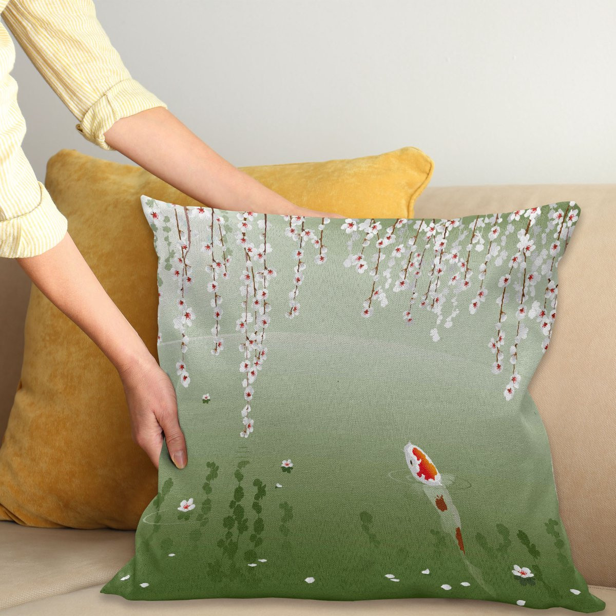 ABAKUHAUS Koi Vis Sierkussenhoes met Japans Design, Oranje Wit, 60 x 60 cm