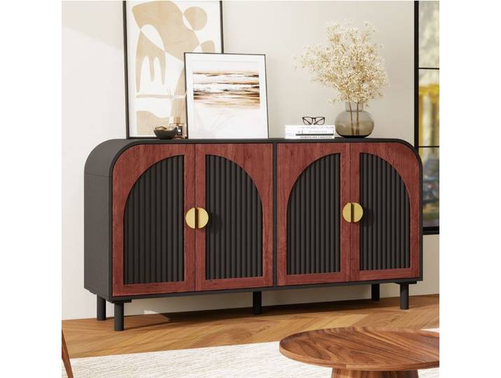 WOVREO Buffet bas rétro 150 cm 4 portes à façades arrondies étagères réglables noir et noyer foncé