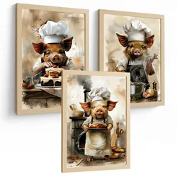 POSTER 3er Set Schwein Koch Wandbilder Lustiges Tier Bäcker Konditor Illustration Küche Wanddeko Rahmenlos A4