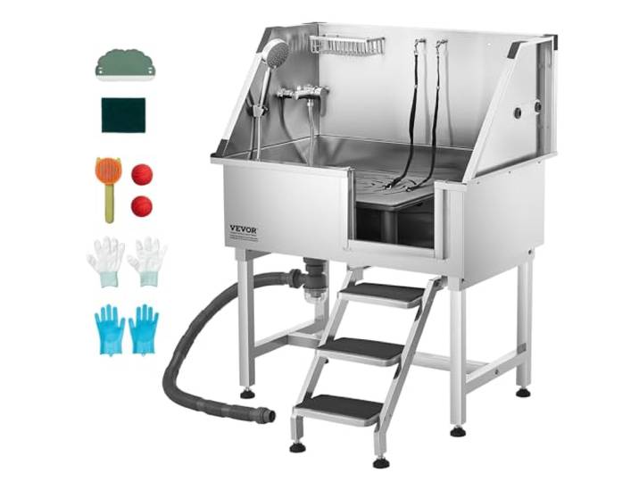 VEVOR Baignoire de Chien Acier Inoxydable\, Baignoire de Toilettage pour Animaux de Compagnie 96 cm Station de Lavage Chat\, avec Escalier à Droite\, Robinet\, Pommeau de Douche\, Porte-savon\, Porte Droite