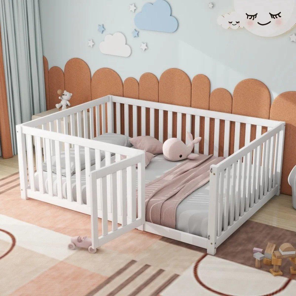 Kinderbettgestell - Kleinkindbett - Bettgestell für den Boden - Kinderbettumrandung - Inklusive Absturzsicherung - Kinderzimmer - Multiplexplatten - Weiß