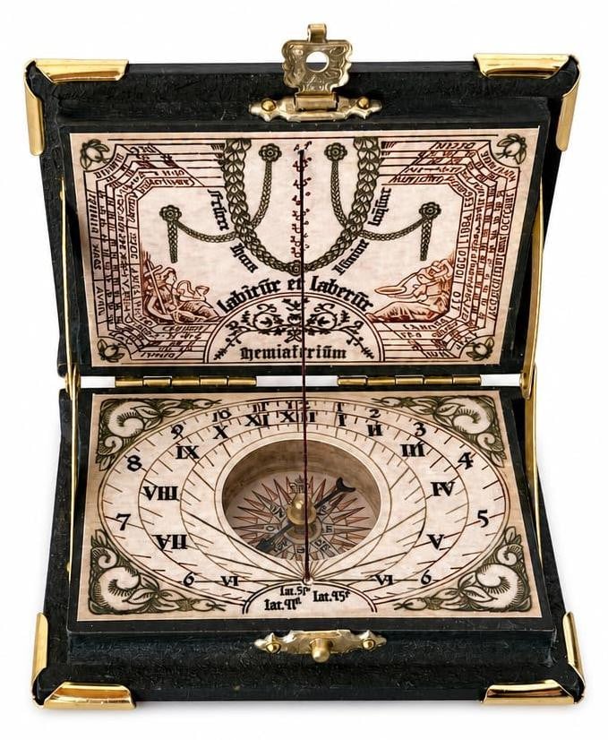 Historische zonnewijzer Helios in boekvorm met kompas en replica van een Galileo-instrument