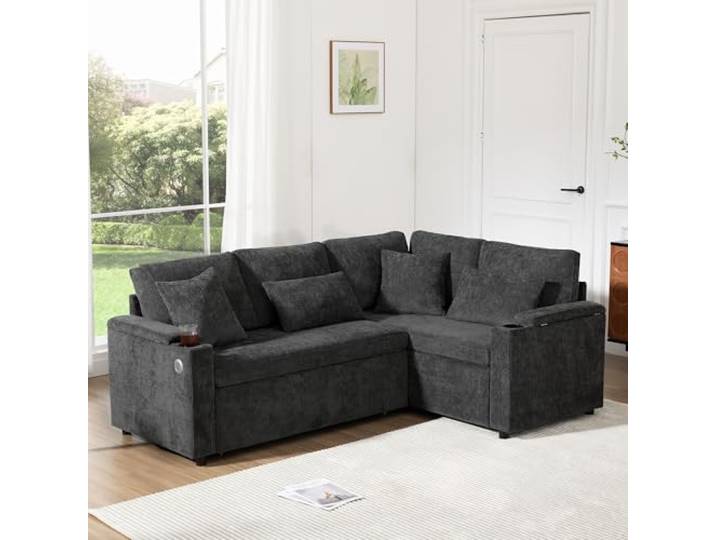 Merax Modernes L-förmiges Ecksofa mit Schlaffunktion, Stauraum & USB – 4-Sitzer Ausziehsofa mit Getränkehaltern für Wohnzimmer & Heimkino