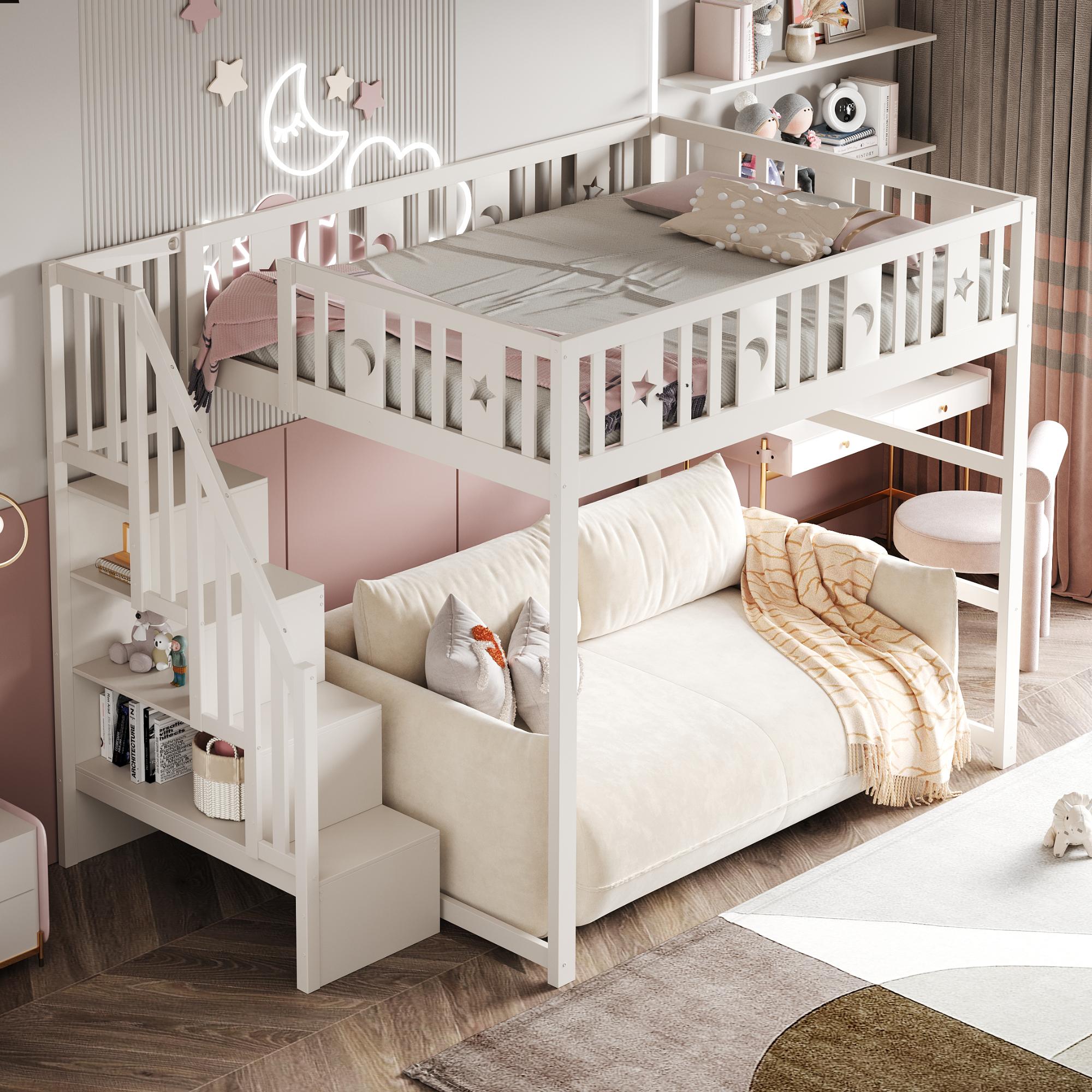 Sweiko Etagenbett für Kinder 140x200 mit Treppe ,Hochbett aus Massivholz mit Sicherheitsgeländer, Stern- und Monddekoration.Weiß