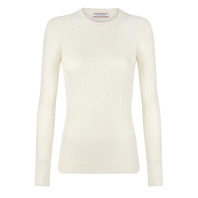 Rundhalspullover FELIX HARDY "Zopfmuster Pullover mit Rundhals", Damen, Gr. M, weiß (ecru), 100% Baumwolle, Rundhals, Pullover Rundhalspullover