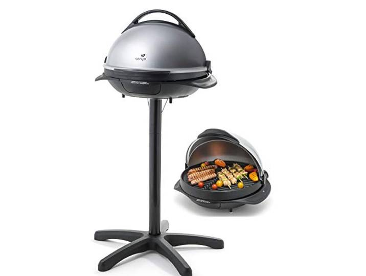 SENYA EASY GRILL Barbecue Électrique 2 en 1 sur Pied et Table – 2200W – Thermostat Réglable – Couvercle Effet Four – Plaque Antiadhésive Ø40 cm – Idéal Balcon & Jardin\, 2200W