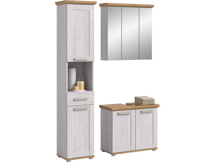 Badmöbel-Set WELLTIME COSENZA, 3-teilig, in Landhausoptik, mit farblich abgesetztem Kranz , sibiu lärche nachbildung, B:125cm H:187cm T:34cm, Kastenmöbel-Sets, Badmöbel-Set, Bad-Kombination, Badezimmer, Kombi, Bad, Bad-Möbel