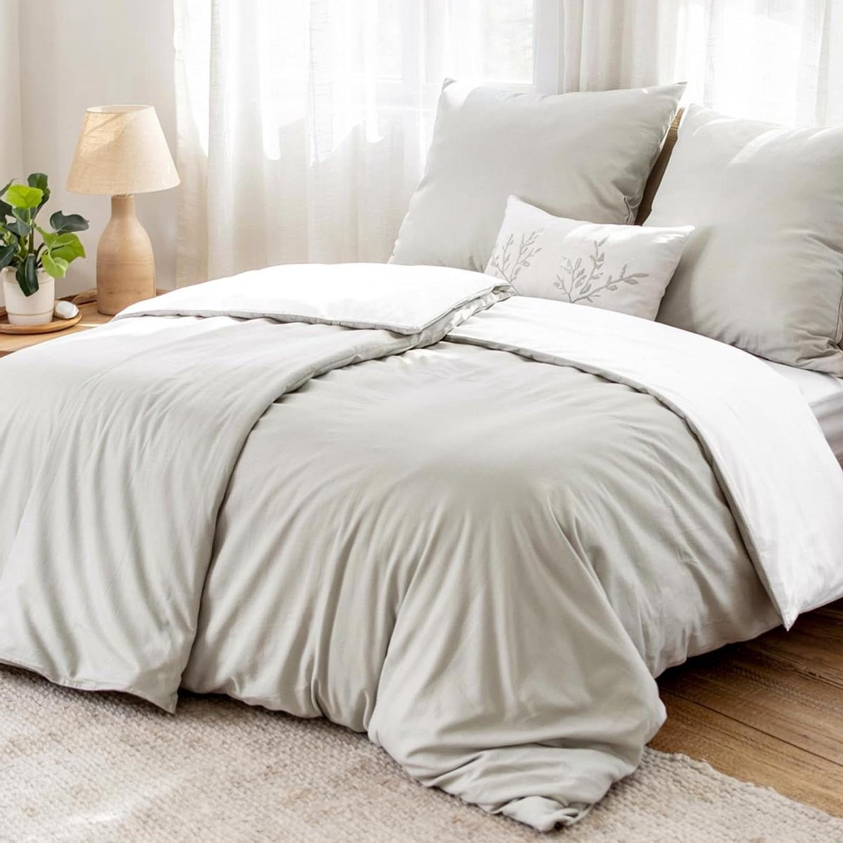 Omkeerbaar dekbedovertrekset beige en wit, 135 x 200 cm