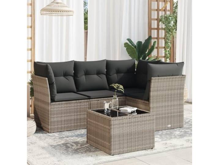 KTHLBRH Gartenmöbel-Set, 5-teilig, mit Kissen, hellgrau Robustes Polyrattan, wasserdichte Aufbewahrungsbox, Glastisch, modulares Design