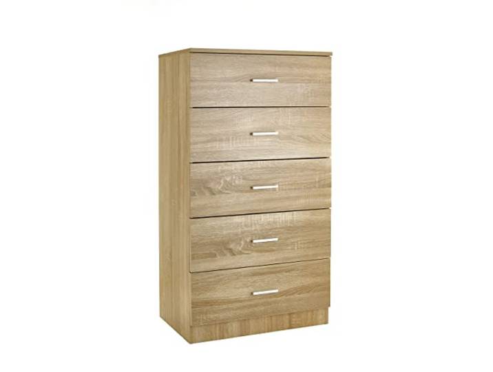 Baroni Home Kommode 5 Schubladen aus Melamin, Schrank für Schlafzimmer oder Wohnzimmer, moderner Schrank aus Eiche 60x40x110 cm