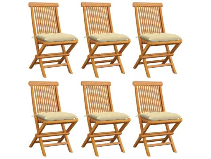 HPUYRFG 6er Set Klappstühle aus Massivholz Teakholz mit Cremeweißen Kissen Technisch getrocknetes Teakholz, glatte Oberfläche, witterungsbeständig, leicht zu reinigen, 110 kg Belastbarkeit