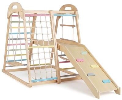 8-in-1 Wooden Kids Indoor Jungle Gym with Slide and Monkey Bar