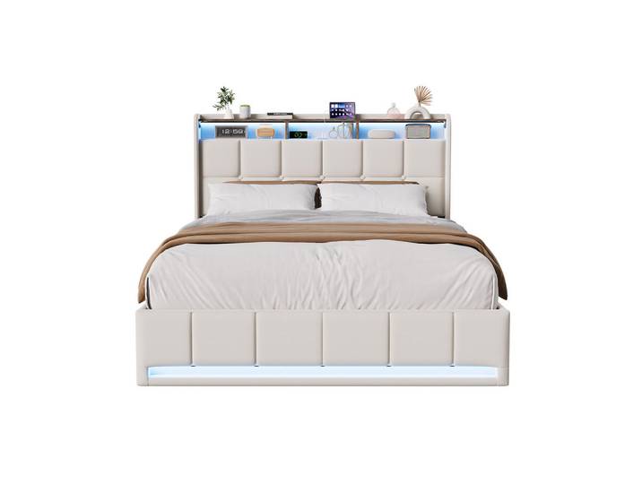 Shopentra Polsterbett 140x200cm Beige Leinen Pneumatik LED Usb, Metall, Schlafzimmer, Betten, Polsterbetten