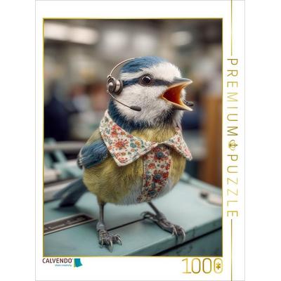 CALVENDO Puzzle Eine bunt gefiederte Meise mit Bluse und Headset steht auf einem Schreibtisch und wirkt wie eine telefonierende Sekretärin | 1000