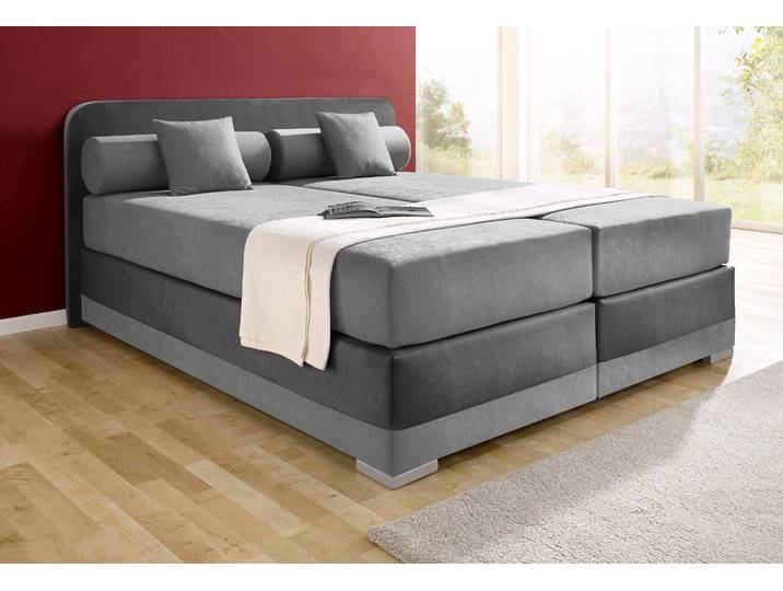 Boxspringbett, Grau, 167x210 cm, Microvelours & Kunstleder, 2 Matratzen, Modern, Maintal