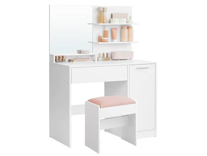 VASAGLE Schminktisch, Hocker, mit Spiegel, Aufbewahrungsfach, 2 Ablagen Frisiertisch, 2 verstellbare Ablagen hinter der Tür, 1 Schublade, wolkenweiß und pastellrosa