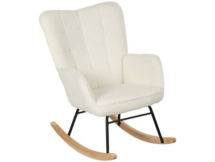 Fauteuil à bascule revêtement bouclette acier et bois massif blanc