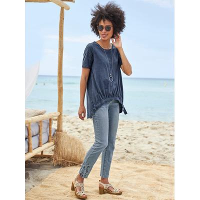 Rundhalsshirt HEINE "Longshirt", Damen, Gr. 40, blau (rauchblau), 100% Baumwolle, Rückenteil:100% Baumwolle, gemustert, unifarben, Rundhals, Shirts Rundhalsshirt