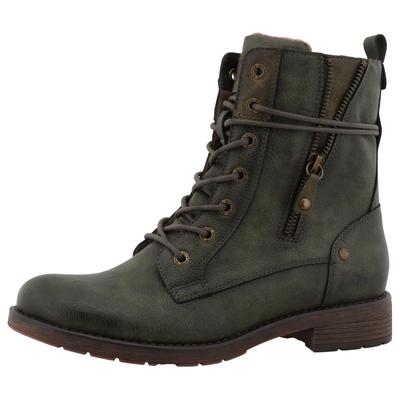 Winterstiefelette MUSTANG SHOES "Elfi", Damen, Gr. 36, wärmend, grün (khaki), Lederimitat, used, Schuhe Winterstiefelette, Winterstiefel mit Reißverschluss und markanter Schnürung