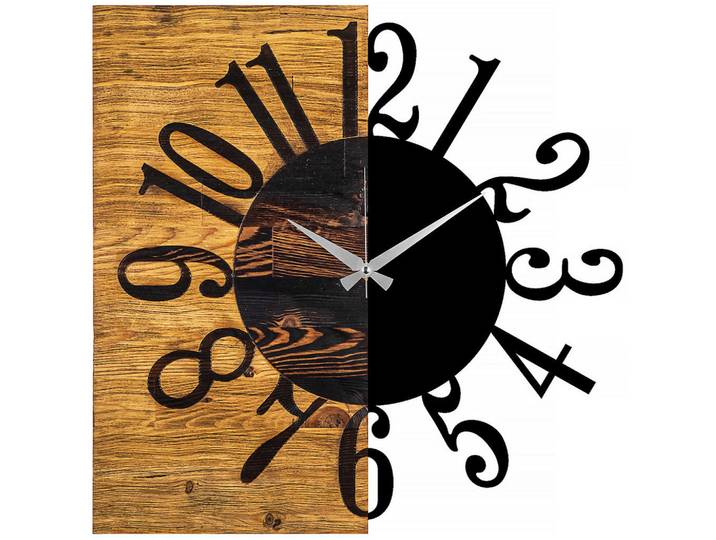Wanduhr, Schwarz, Walnussfarben, Metall, 58x58x3 cm, 3D-Zahlen, Dekoration, Uhren, Wanduhren