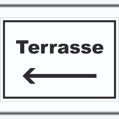 HB-Druck Terrasse Aufkleber mit Text und Richtungspfeil links waagerecht A6 (105x148mm)
