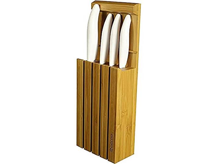 Kyocera 3in1 Bambus Messerblock inkl 4 Keramik Messer Weiß Santokumesser, Universalmesser, Gemüsemesser, Schälmesser zum Hinstellen, Aufhängen oder Hinlegen in der Schublade 34x12,3x6,6 cm