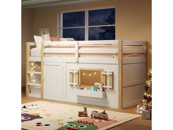 Merax Etagenbett 90x200 cm mit Leiter, multifunktionales Kinder Hochbett mit umbaubarem Spiel- und Schlafbereich unten, platzsparendes Design für Kinderzimmer, Weiß (ohne Matratze)