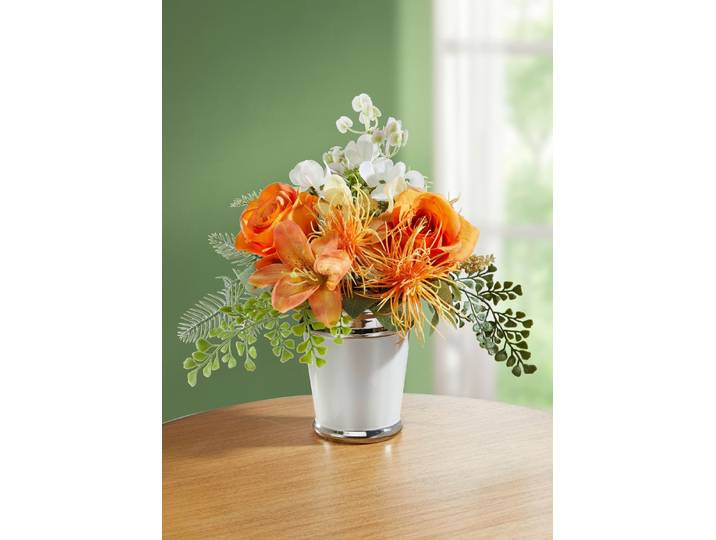 Rosen-/Lilien-Arrangement in weißem Keramiktopf, Orange-Grün
