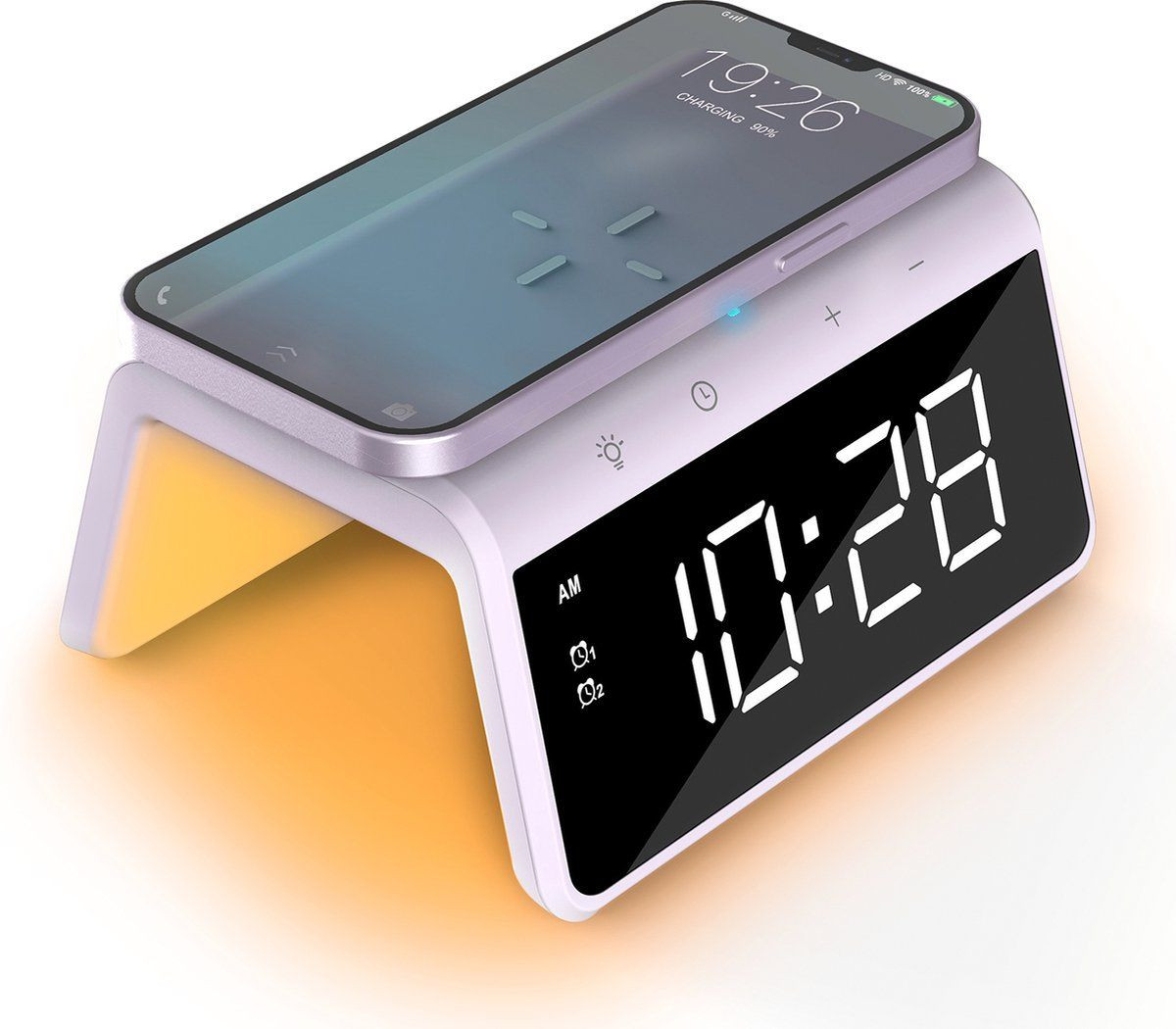 Caliber HCG019QI-PU Digitale Wekker met Draadloze Oplader en Dimbaar Nachtlamp - Paars