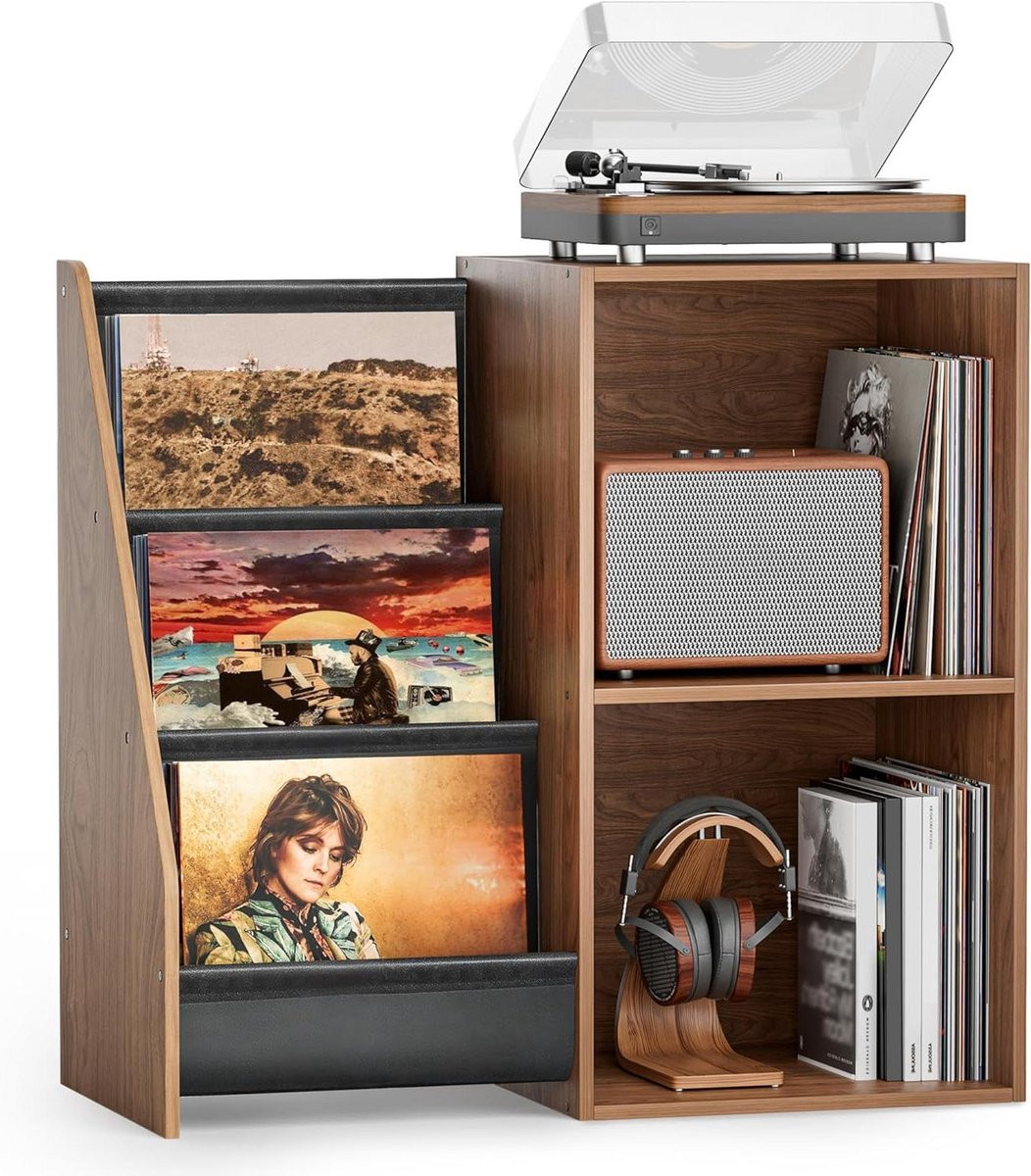 Muziekmeubel Walnoot voor Vinyl Collectie met Opslag voor 220+ Platen