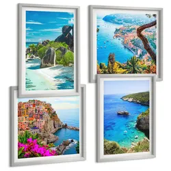 BILDER SET 4er Set - 50x50 cm & 40x60 cm Silberner Rahmen - Palmen am Meer, blaues Wasser