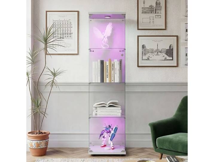 Vitrine d Exposition 164cm - 1 Porte 4 Niveaux - Lampe LED - Anti Poussiere - Verre Trempe et Bois - Blanc