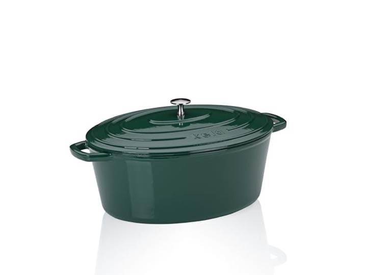 kela Bräter Gusseisen oval, 9,3l, Calido, Dutch Oven, Induktion, grün Emailliert, 36 x 29 x 15 cm, für alle Herdarten geeignet, starke Wärmespeicherung, ideal für Gar- und Schmorgerichte