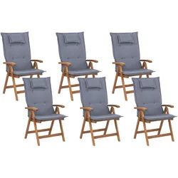 GARTENSTUHL 6er-Set Akazienholz hellbraun Auflagen blau Java