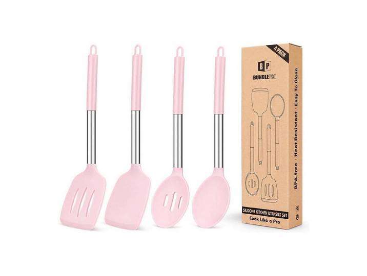 LuxusKollektion Küchenwender Kochutensilien Silikon 4tlg Spatel Schlitzlöffel BPAfrei Rosa